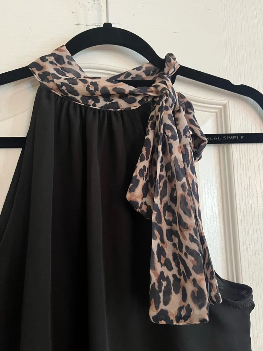 White House Black Market Black Halter Blouse with Leopard Tie Neck - Picture 2 of 5